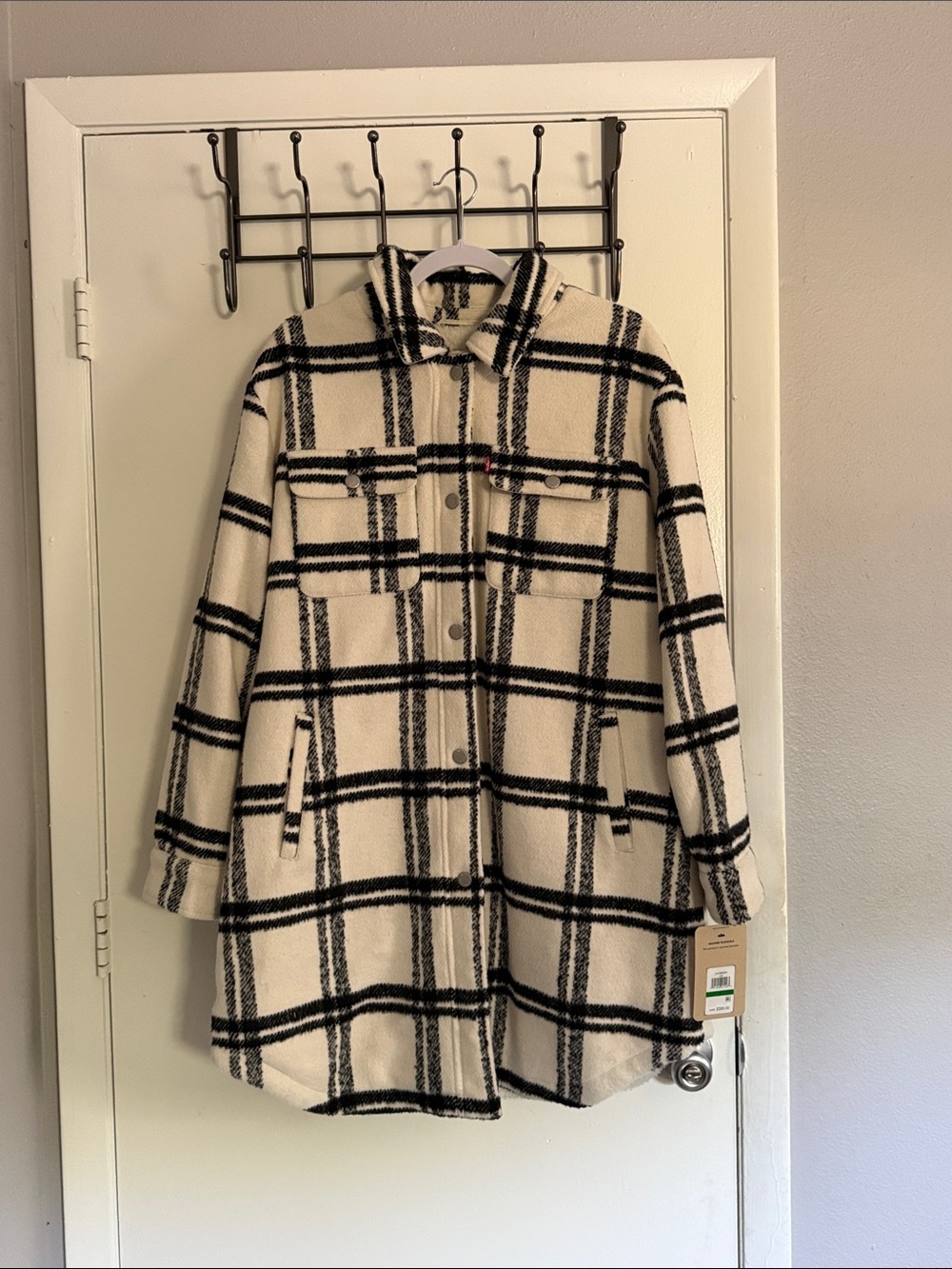 Women’s Cream & Black Plaid Teddy Jacket - Casual Shacket